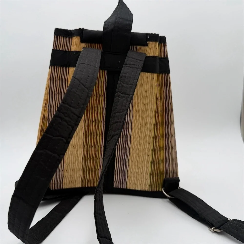 Baskets of Cambodia Woven Drawstring Backpack Purse Tan Black Trim Medium‎